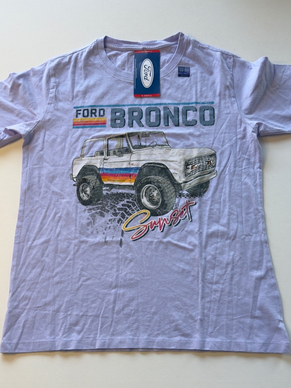 NWT Women's Licensed Ford Bronco Lavender Sunset Graphic Tee XS (D2)